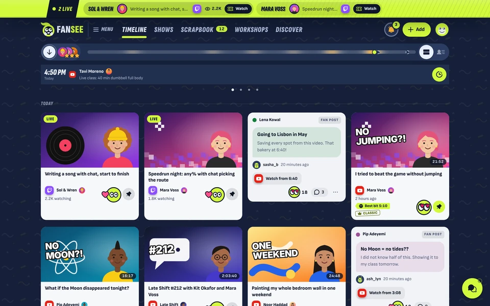 Fansee timeline in the Nightbus look